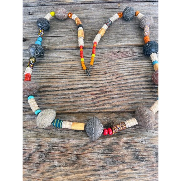 Vintage African Trade Bead Necklace HUGE Clay Beads millefiori Glass Sterling Cl - Picture 16 of 16
